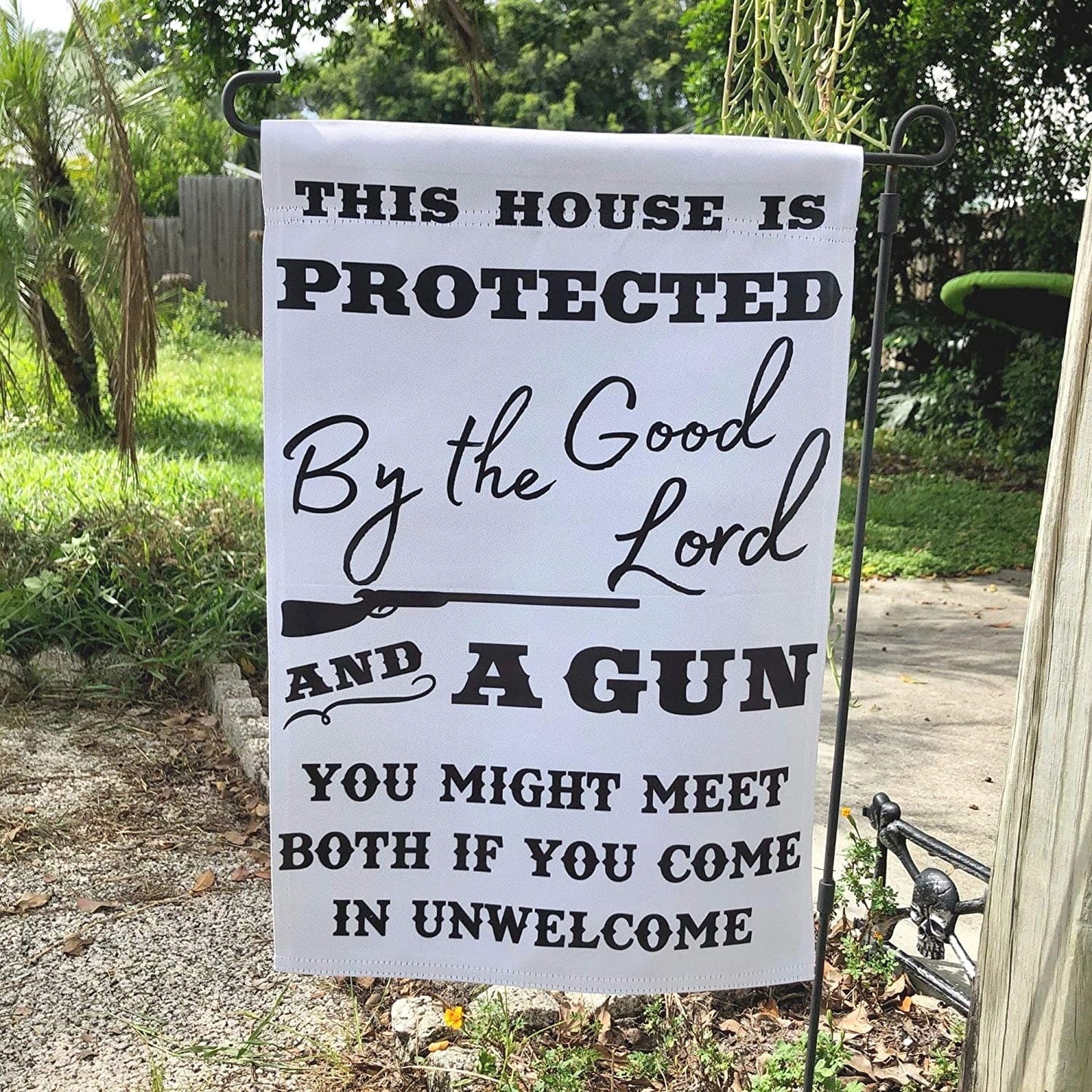 This House is Protected By The Good Lord and a Gun 18"x12" Garden Flag - 2 PIECES - LiberTee Shirts