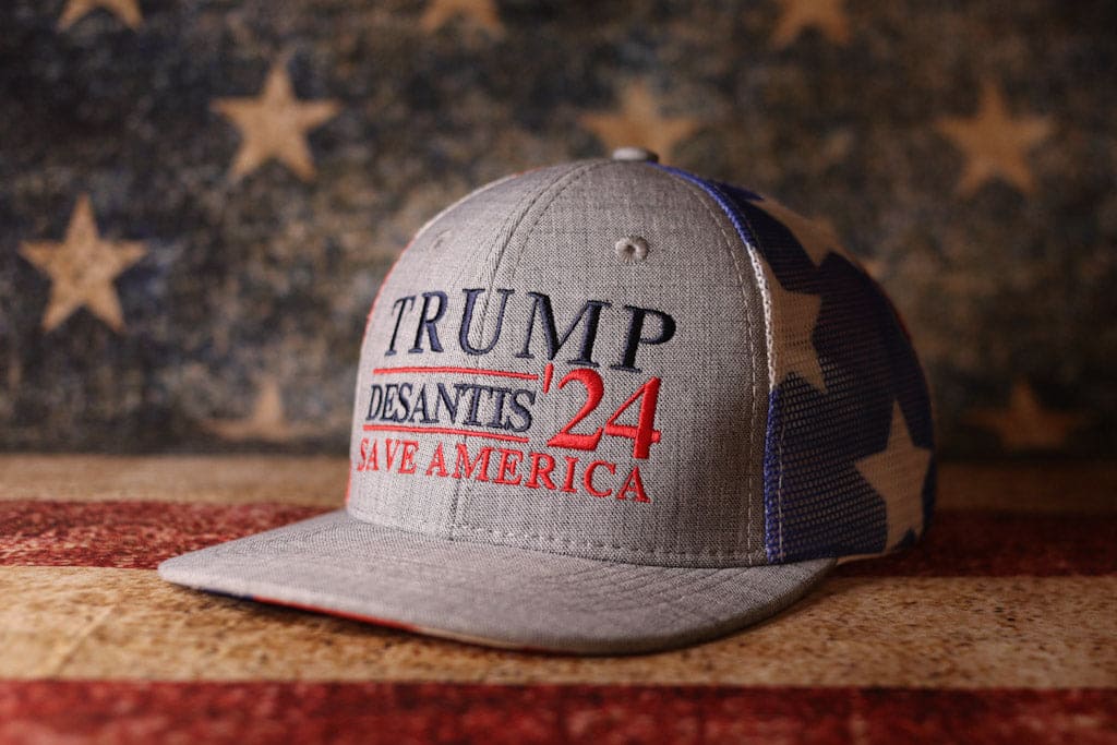 Trump DeSantis 2024 American Flag Back Mesh Trucker Hat - 2 Hats - LiberTee Shirts