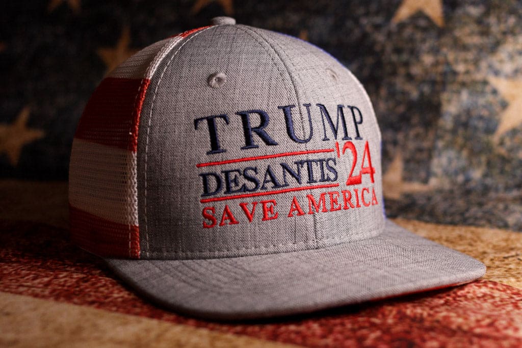 Trump DeSantis 2024 American Flag Back Mesh Trucker Hat - 2 Hats - LiberTee Shirts